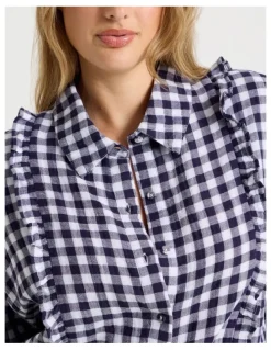 Chloe & Lola Divine Cheesecloth Frill Long Sleeve Long PJ Set in Navy Gingham Print