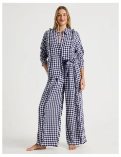 Chloe & Lola Divine Cheesecloth Frill Long Sleeve Long PJ Set in Navy Gingham Print