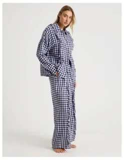 Chloe & Lola Divine Cheesecloth Frill Long Sleeve Long PJ Set in Navy Gingham Print
