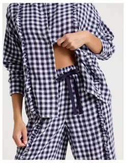 Chloe & Lola Divine Cheesecloth Frill Long Sleeve Long PJ Set in Navy Gingham Print