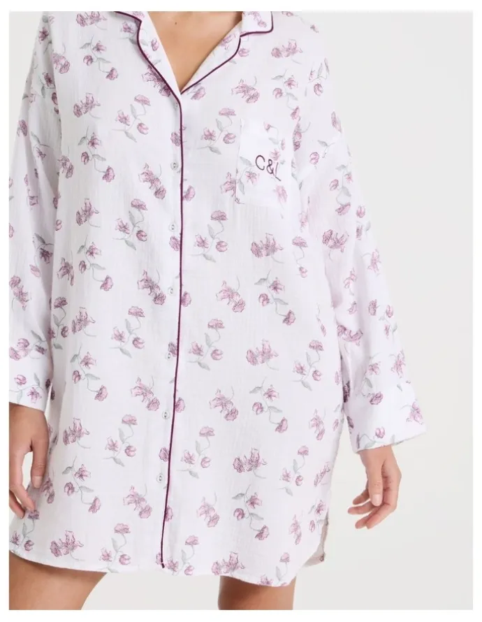 Chloe & Lola Divine Cheesecloth Oversized Night Shirt in Embroidered Floral Print