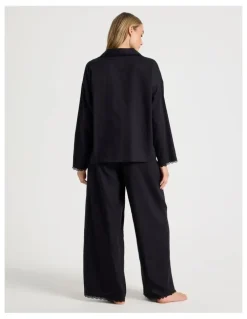 Chloe & Lola Divine Cotton & Lace Long Sleeve Long PJ Set in Black