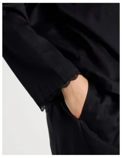 Chloe & Lola Divine Cotton & Lace Long Sleeve Long PJ Set in Black
