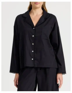 Chloe & Lola Divine Cotton & Lace Long Sleeve Long PJ Set in Black