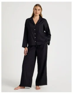 Chloe & Lola Divine Cotton & Lace Long Sleeve Long PJ Set in Black