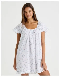 Chloe & Lola Divine Frill Sleeve Short Nightie in Ditsy White Floral Print