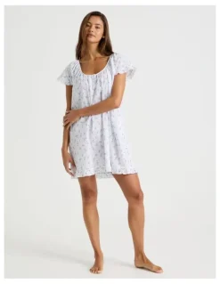 Chloe & Lola Divine Frill Sleeve Short Nightie in Ditsy White Floral Print