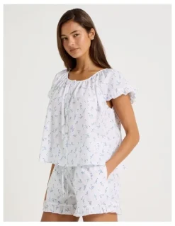 Chloe & Lola Divine Frill Sleeve Short PJ Set in Ditsy White Floral Print