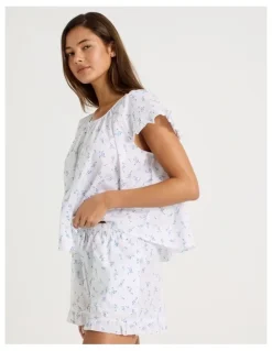 Chloe & Lola Divine Frill Sleeve Short PJ Set in Ditsy White Floral Print