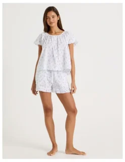 Chloe & Lola Divine Frill Sleeve Short PJ Set in Ditsy White Floral Print