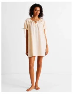 Chloe & Lola Divine Puff Sleeve Short Nightie in Apricot Gingham Y/D Print