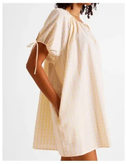 Chloe & Lola Divine Puff Sleeve Short Nightie in Apricot Gingham Y/D Print