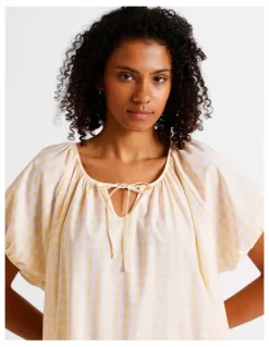 Chloe & Lola Divine Puff Sleeve Short Nightie in Apricot Gingham Y/D Print