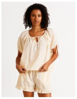 Chloe & Lola Divine Puff Sleeve Short PJ Set in Apricot Gingham Print