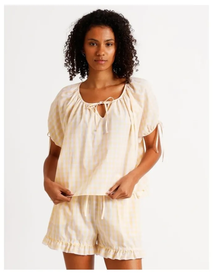 Chloe & Lola Divine Puff Sleeve Short PJ Set in Apricot Gingham Print