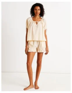 Chloe & Lola Divine Puff Sleeve Short PJ Set in Apricot Gingham Print
