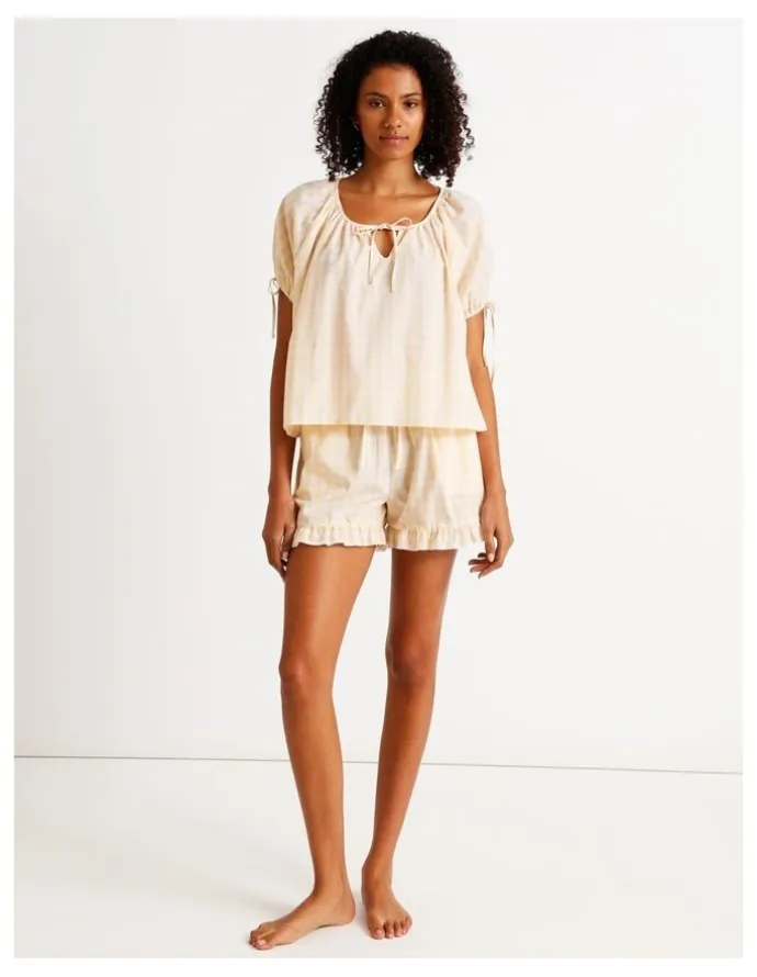 Chloe & Lola Divine Puff Sleeve Short PJ Set in Apricot Gingham Print