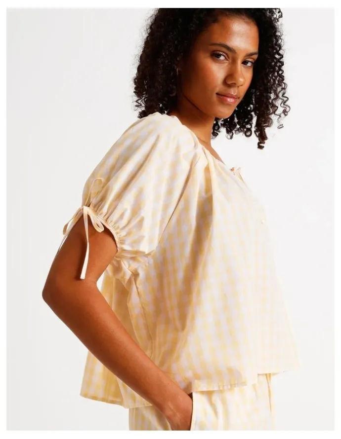 Chloe & Lola Divine Puff Sleeve Short PJ Set in Apricot Gingham Print