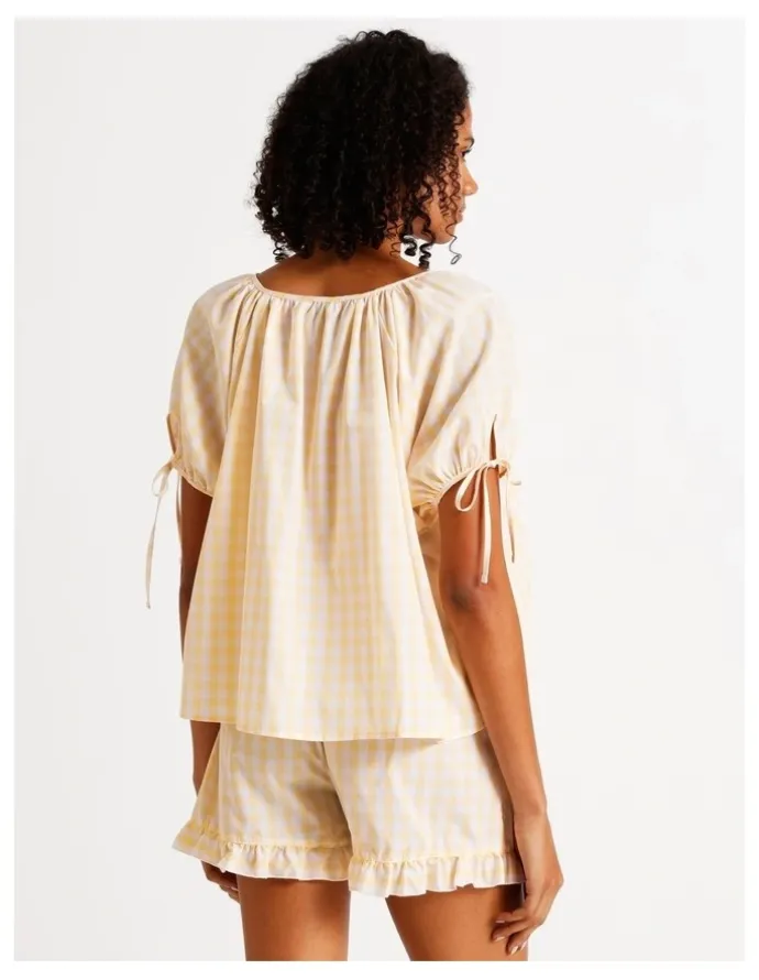 Chloe & Lola Divine Puff Sleeve Short PJ Set in Apricot Gingham Print