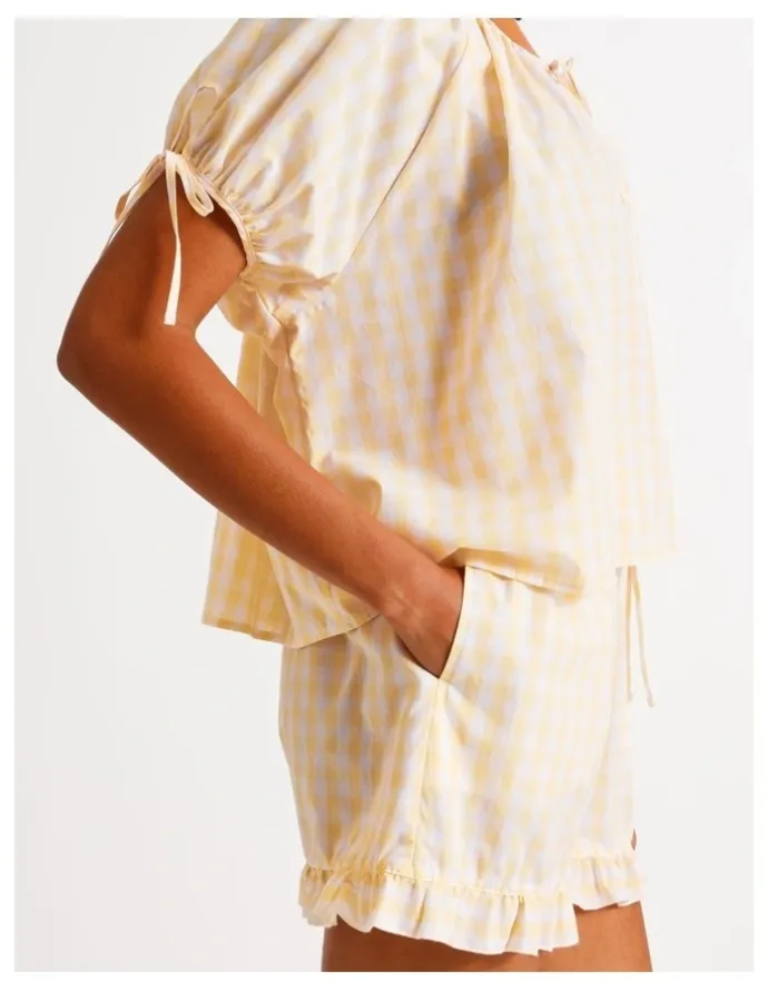Chloe & Lola Divine Puff Sleeve Short PJ Set in Apricot Gingham Print