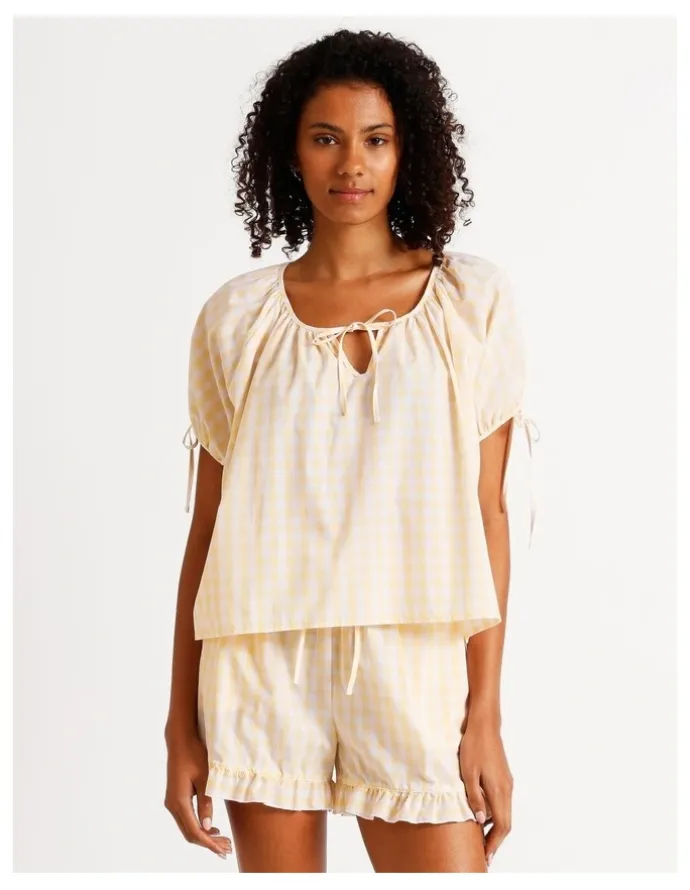 Chloe & Lola Divine Puff Sleeve Short PJ Set in Apricot Gingham Print