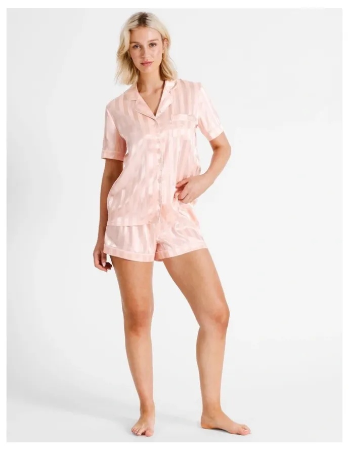 Chloe & Lola Jacquard Stripe Satin PJ Set in Pink