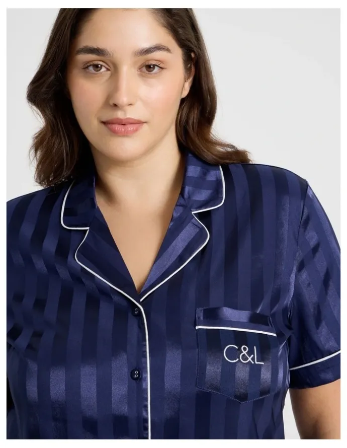 Chloe & Lola Jacquard Stripe Satin PJ Set in Navy