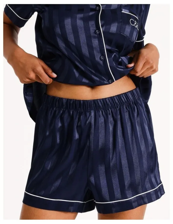 Chloe & Lola Jacquard Stripe Satin PJ Set in Navy