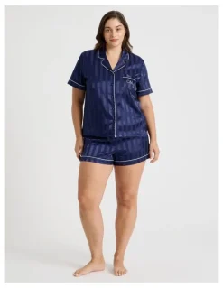 Chloe & Lola Jacquard Stripe Satin PJ Set in Navy