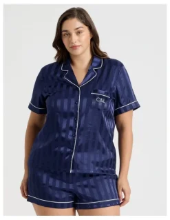 Chloe & Lola Jacquard Stripe Satin PJ Set in Navy