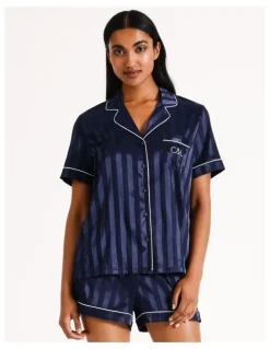 Chloe & Lola Jacquard Stripe Satin PJ Set in Navy