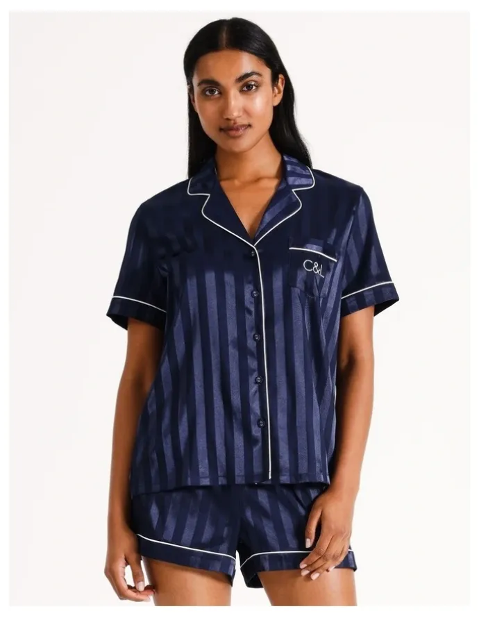 Chloe & Lola Jacquard Stripe Satin PJ Set in Navy