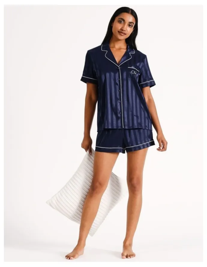 Chloe & Lola Jacquard Stripe Satin PJ Set in Navy