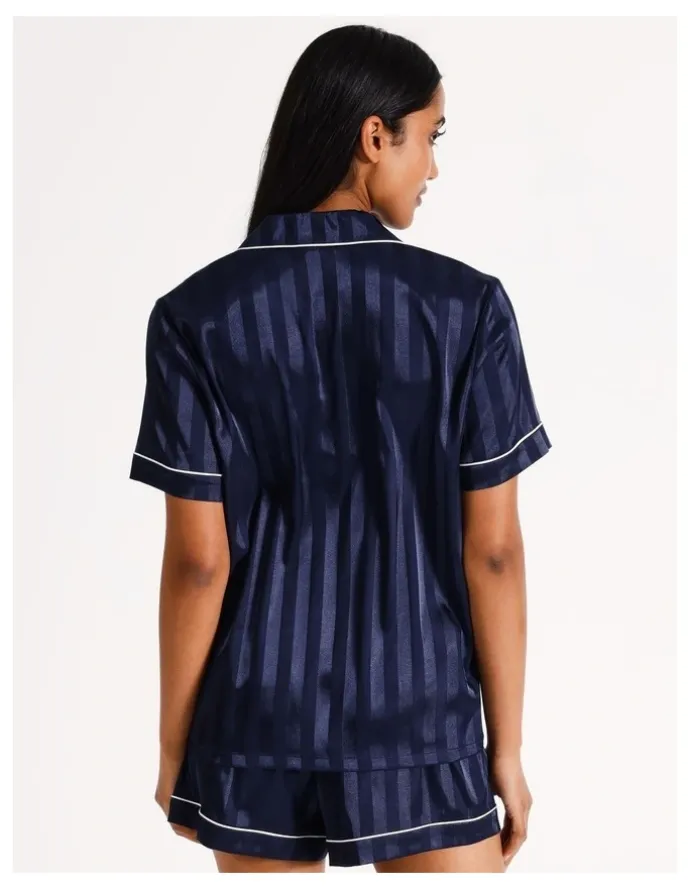 Chloe & Lola Jacquard Stripe Satin PJ Set in Navy