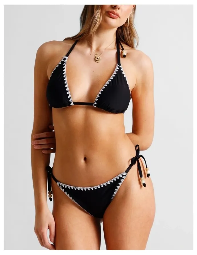 Chloe & Lola Karina Crochet Tie Up Bikini Bottom in Black/Ecru