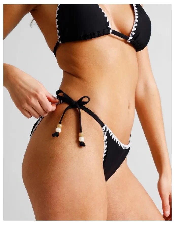 Chloe & Lola Karina Crochet Tie Up Bikini Bottom in Black/Ecru