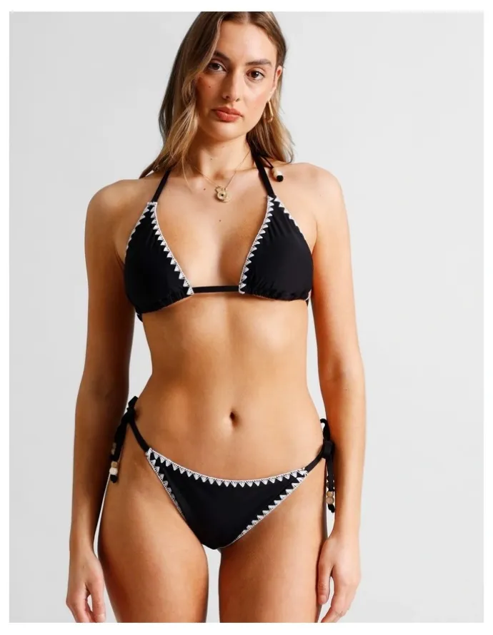 Chloe & Lola Karina Crochet Tie Up Bikini Bottom in Black/Ecru