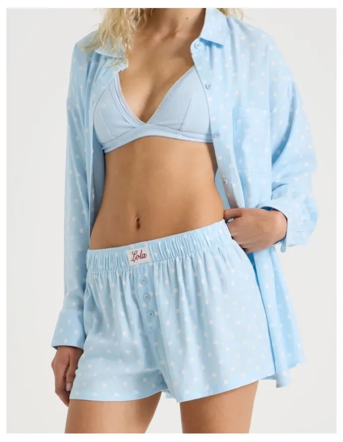 Chloe & Lola Lola Flannelette Boxer Short in Sky Blue Spot Print