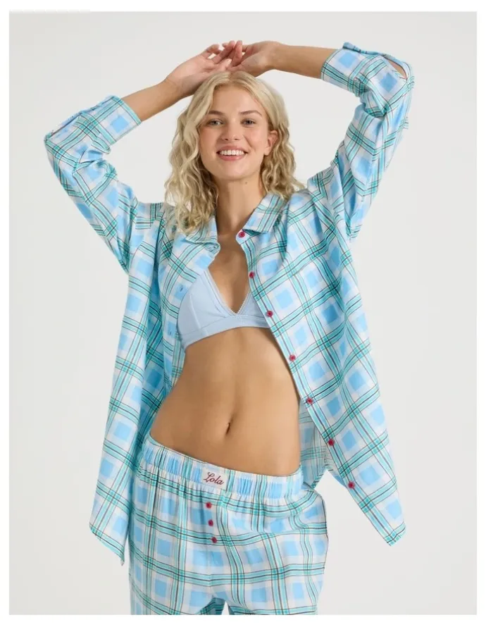 Chloe & Lola Lola Flannelette Boyfriend Shirt in Blue & Choc Check Print