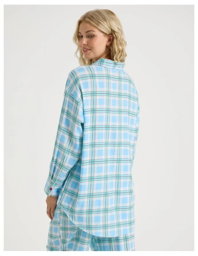 Chloe & Lola Lola Flannelette Boyfriend Shirt in Blue & Choc Check Print