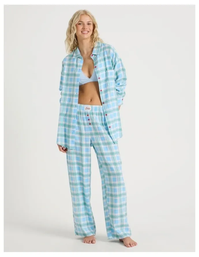 Chloe & Lola Lola Flannelette Boyfriend Shirt in Blue & Choc Check Print