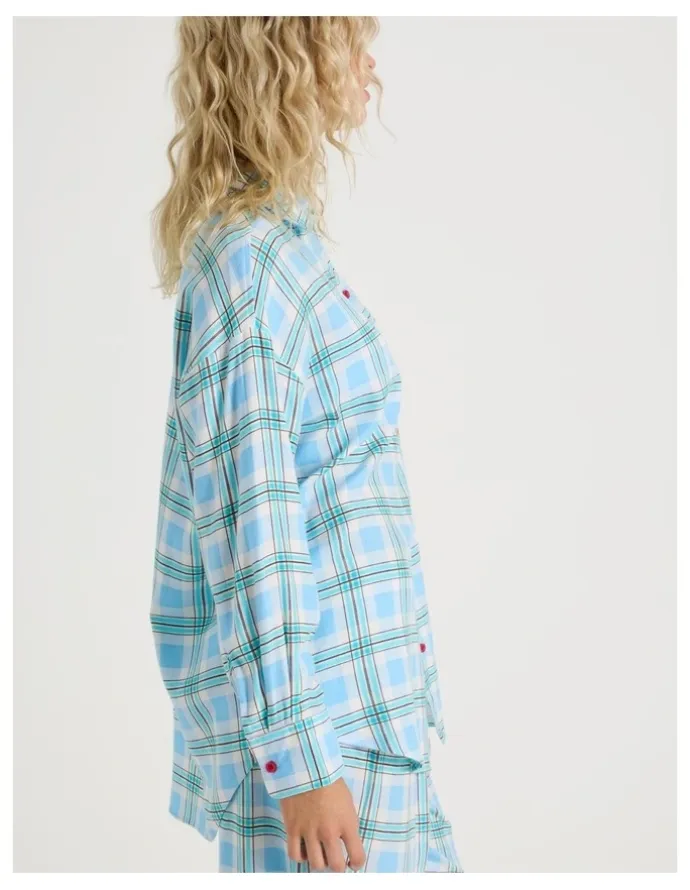 Chloe & Lola Lola Flannelette Boyfriend Shirt in Blue & Choc Check Print