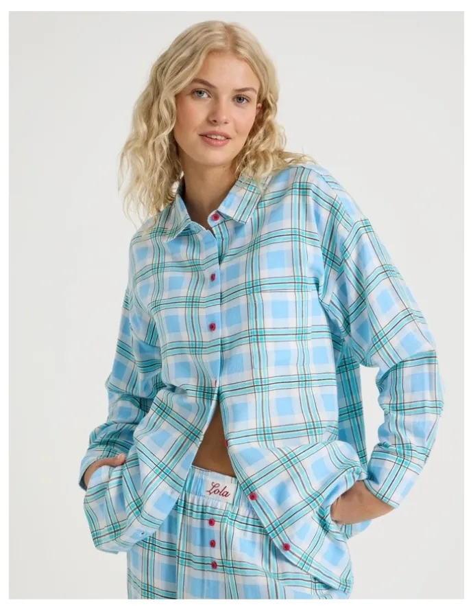 Chloe & Lola Lola Flannelette Boyfriend Shirt in Blue & Choc Check Print