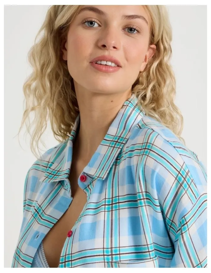 Chloe & Lola Lola Flannelette Boyfriend Shirt in Blue & Choc Check Print