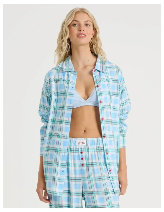 Chloe & Lola Lola Flannelette Boyfriend Shirt in Blue & Choc Check Print