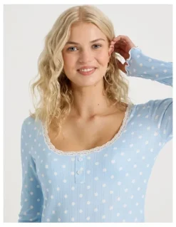 Chloe & Lola Lola Fluted Pointelle Long Sleeve Chemise in Sky Blue Spot Print