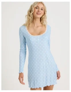 Chloe & Lola Lola Fluted Pointelle Long Sleeve Chemise in Sky Blue Spot Print