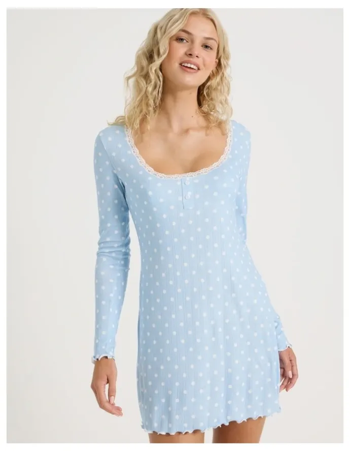 Chloe & Lola Lola Fluted Pointelle Long Sleeve Chemise in Sky Blue Spot Print