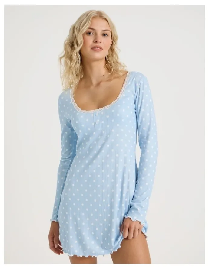 Chloe & Lola Lola Fluted Pointelle Long Sleeve Chemise in Sky Blue Spot Print