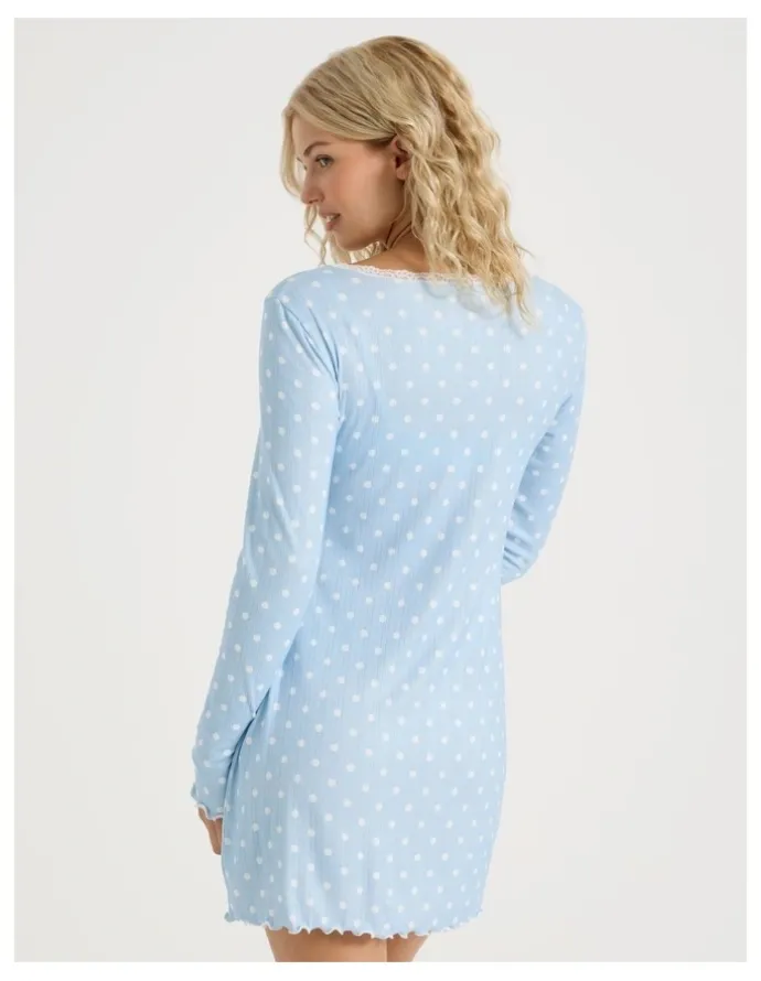Chloe & Lola Lola Fluted Pointelle Long Sleeve Chemise in Sky Blue Spot Print